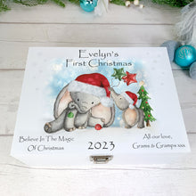 Load image into Gallery viewer, Personalised Luxury Baby&#39;s First Christmas Keepsake Box, Christmas Baby Elephants
