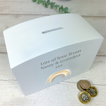 Load image into Gallery viewer, Personalised Luxury Wooden Money Box, Boho Nursery Piggy Bank.
