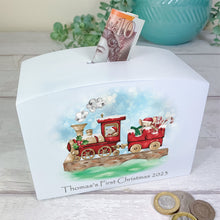 Load image into Gallery viewer, Personalised Luxury Christmas Wooden Money Box, Christmas Train Piggy Bank.
