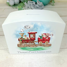 Load image into Gallery viewer, Personalised Luxury Christmas Wooden Money Box, Christmas Train Piggy Bank.
