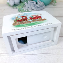 Load image into Gallery viewer, Personalised Luxury Christmas Wooden Money Box, Christmas Train Piggy Bank.
