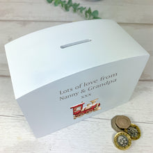 Load image into Gallery viewer, Personalised Luxury Christmas Wooden Money Box, Christmas Train Piggy Bank.
