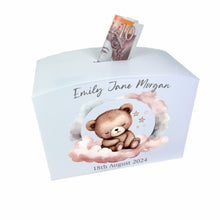 Load image into Gallery viewer, Personalised Luxury Wooden Money Box, Pink Sleepy Teddy Piggy Bank
