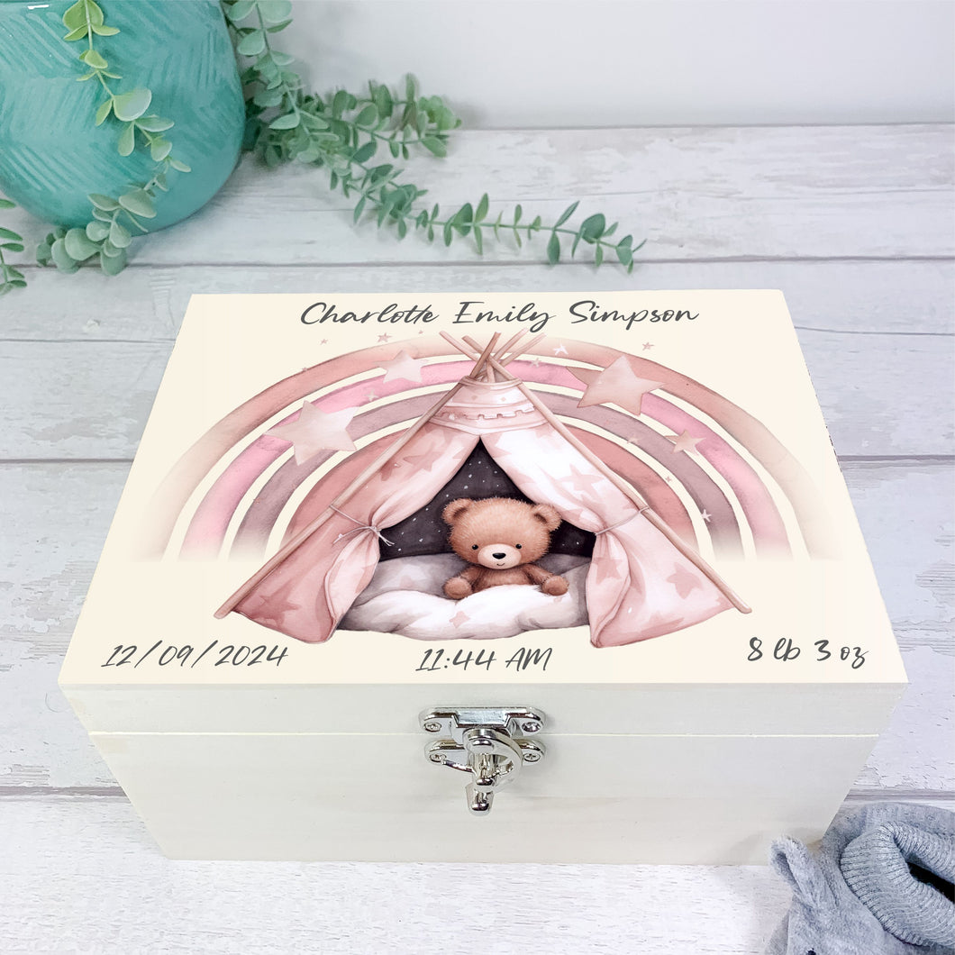 Personalised Baby Keepsake Box, Pink Sleepy Teddy Theme