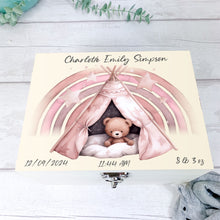 Load image into Gallery viewer, Personalised Baby Keepsake Box, Pink Sleepy Teddy Theme
