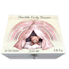 Load image into Gallery viewer, Personalised Baby Keepsake Box, Pink Sleepy Teddy Theme
