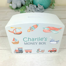 Load image into Gallery viewer, Personalised Luxury Wooden Money Box, Transport Theme Piggy Bank.
