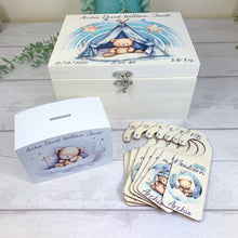 Load image into Gallery viewer, Personalised Baby Keepsake Box, Blue Sleepy Teddy Theme
