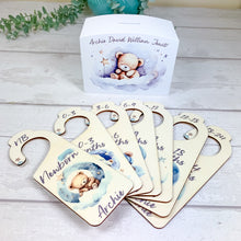 Load image into Gallery viewer, Personalised Wooden Baby Clothes Wardrobe Dividers, Blue Sleepy Teddy
