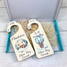 Load image into Gallery viewer, Personalised Wooden Baby Clothes Wardrobe Dividers, Blue Sleepy Teddy
