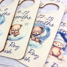 Load image into Gallery viewer, Personalised Wooden Baby Clothes Wardrobe Dividers, Blue Sleepy Teddy
