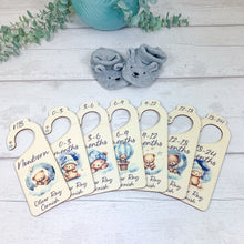 Load image into Gallery viewer, Personalised Wooden Baby Clothes Wardrobe Dividers, Blue Sleepy Teddy
