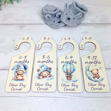 Load image into Gallery viewer, Personalised Wooden Baby Clothes Wardrobe Dividers, Blue Sleepy Teddy
