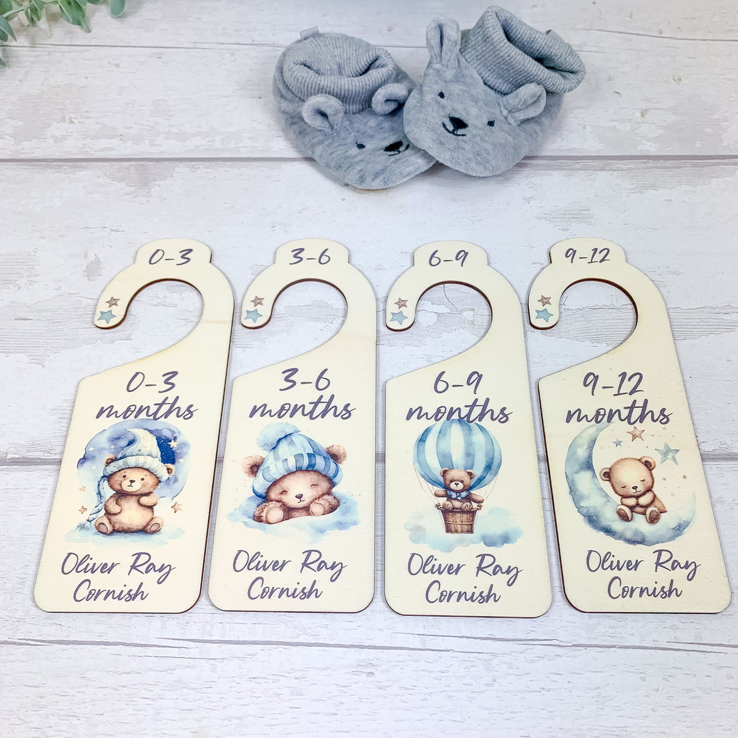 Personalised Wooden Baby Clothes Wardrobe Dividers, Blue Sleepy Teddy