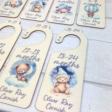 Load image into Gallery viewer, Personalised Wooden Baby Clothes Wardrobe Dividers, Blue Sleepy Teddy
