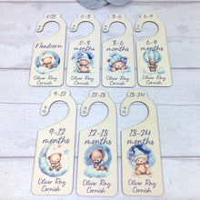 Load image into Gallery viewer, Personalised Wooden Baby Clothes Wardrobe Dividers, Blue Sleepy Teddy
