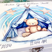 Load image into Gallery viewer, Personalised Baby Keepsake Box, Blue Sleepy Teddy Theme
