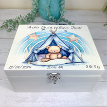 Load image into Gallery viewer, Personalised Baby Keepsake Box, Blue Sleepy Teddy Theme
