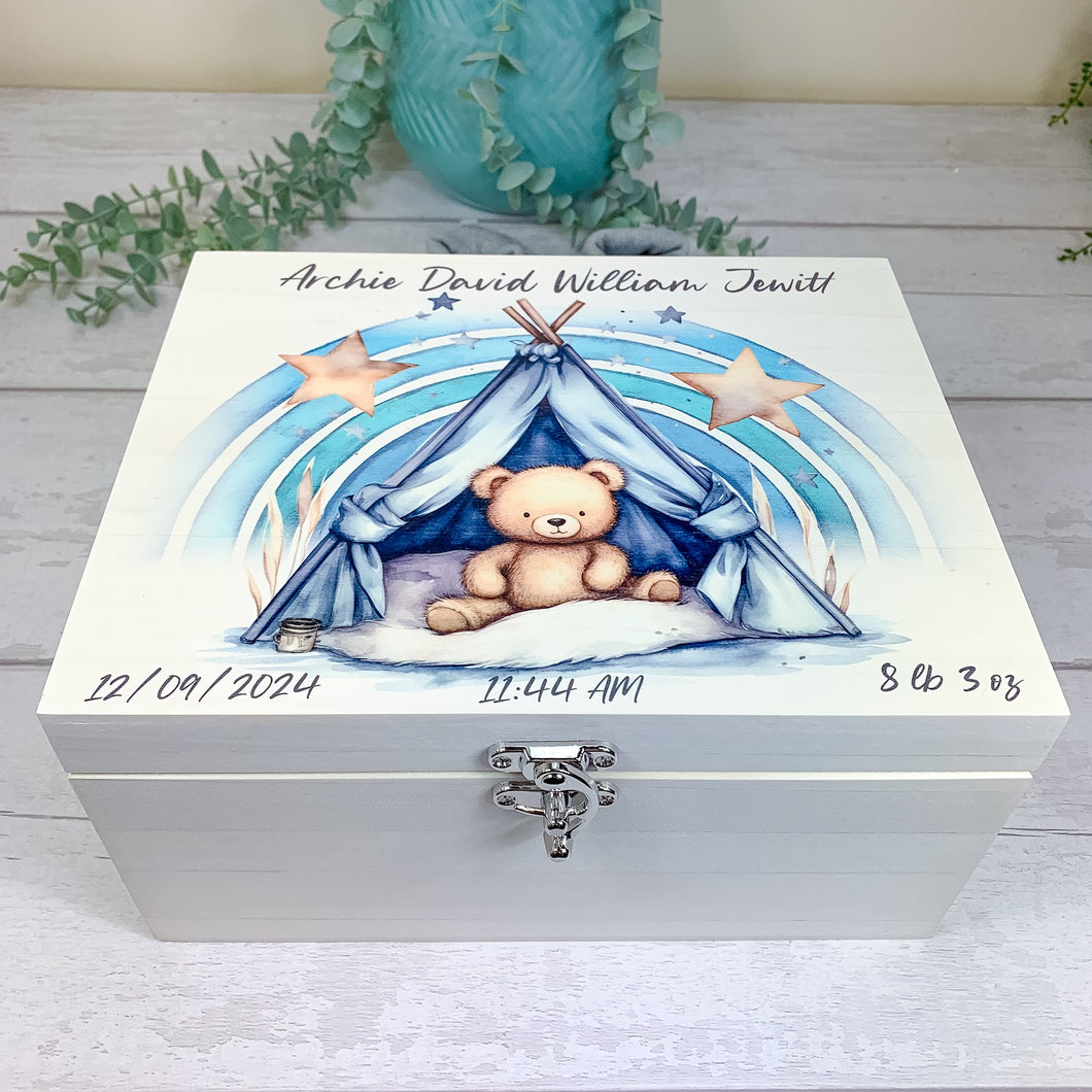 Personalised Baby Keepsake Box, Blue Sleepy Teddy Theme