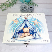 Load image into Gallery viewer, Personalised Baby Keepsake Box, Blue Sleepy Teddy Theme
