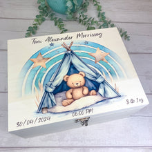 Load image into Gallery viewer, Personalised Baby Keepsake Box, Blue Sleepy Teddy Theme
