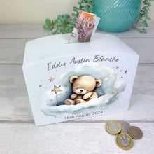 Load image into Gallery viewer, Personalised Luxury Wooden Money Box, Blue Sleepy Teddy Piggy Bank
