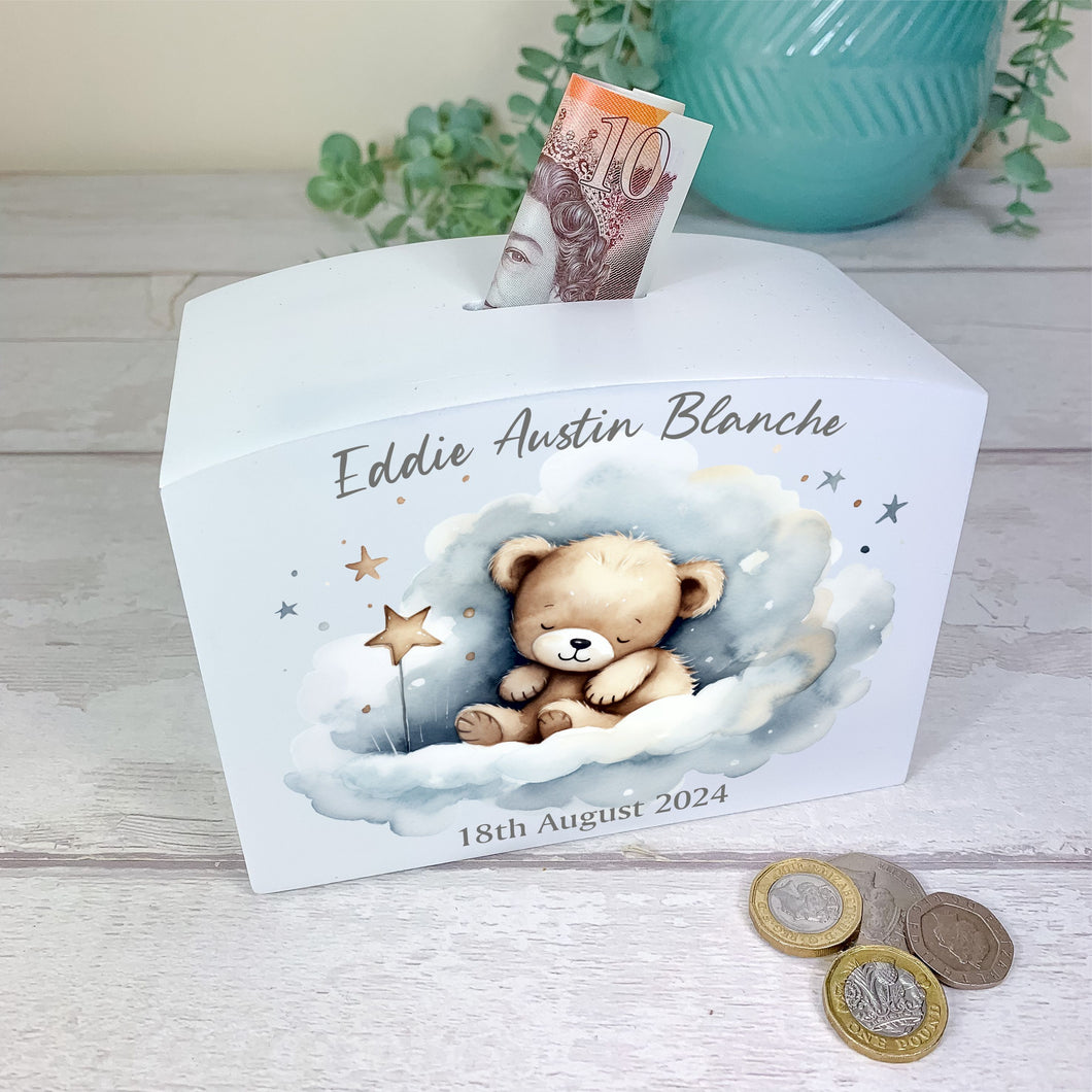 Personalised Luxury Wooden Money Box, Blue Sleepy Teddy Piggy Bank