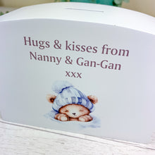 Load image into Gallery viewer, Personalised Luxury Wooden Money Box, Blue Sleepy Teddy Piggy Bank
