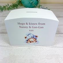 Load image into Gallery viewer, Personalised Luxury Wooden Money Box, Blue Sleepy Teddy Piggy Bank
