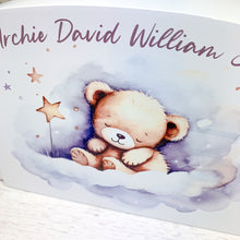 Load image into Gallery viewer, Personalised Luxury Wooden Money Box, Blue Sleepy Teddy Piggy Bank
