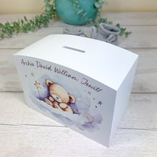 Load image into Gallery viewer, Personalised Luxury Wooden Money Box, Blue Sleepy Teddy Piggy Bank
