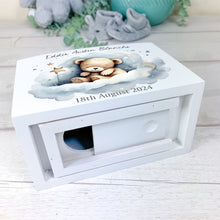 Load image into Gallery viewer, Personalised Luxury Wooden Money Box, Blue Sleepy Teddy Piggy Bank
