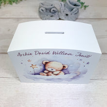 Load image into Gallery viewer, Personalised Luxury Wooden Money Box, Blue Sleepy Teddy Piggy Bank
