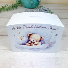 Load image into Gallery viewer, Personalised Luxury Wooden Money Box, Blue Sleepy Teddy Piggy Bank
