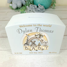 Load image into Gallery viewer, Personalised Luxury Wooden Money Box, Boho Nursery Piggy Bank.
