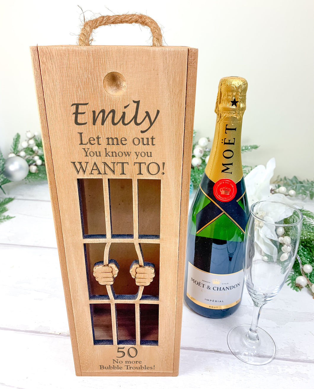 Champagne Prosecco Wooden Gift Box. Let Me Out