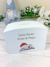 Load image into Gallery viewer, Personalised Luxury Christmas Wooden Money Box,Christmas Elephant Piggy Bank.
