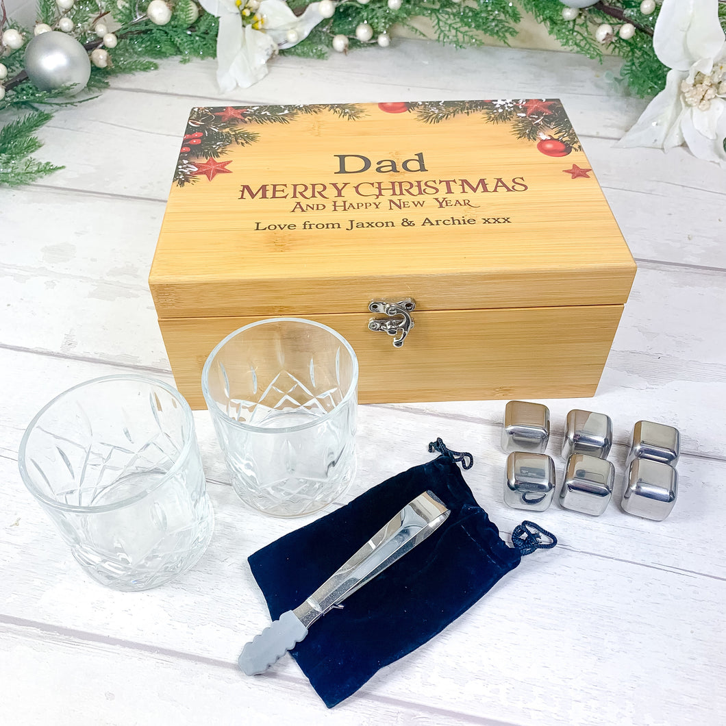 Christmas Whisky or Baileys Gift Box With Accessories. Personalised Christmas Whisky Gift Set With Glasses, Colour Printed. Add Name & Message