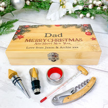 Load image into Gallery viewer, Christmas Wine Gift Set With 5 Accessories. Personalised Christmas Wine Gift Set With Wine Tools, Colour Printed. Add Name &amp; Message
