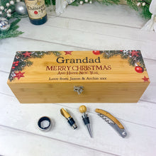 Load image into Gallery viewer, Christmas Wine Gift Box With Accessories, Wooden Wine Box, Personalised Christmas Gift, with Name &amp; Message
