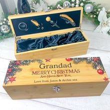 Load image into Gallery viewer, Christmas Wine Gift Box With Accessories, Wooden Wine Box, Personalised Christmas Gift, with Name &amp; Message
