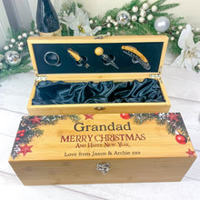 Load image into Gallery viewer, Christmas Wine Gift Box With Accessories, Wooden Wine Box, Personalised Christmas Gift, with Name &amp; Message
