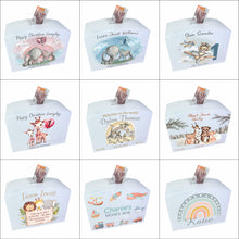 Load image into Gallery viewer, Personalised Luxury Wooden Money Box, Boho Nursery Piggy Bank.
