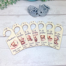 Load image into Gallery viewer, Personalised Wooden Baby Clothes Wardrobe Dividers, Blue Sleepy Teddy
