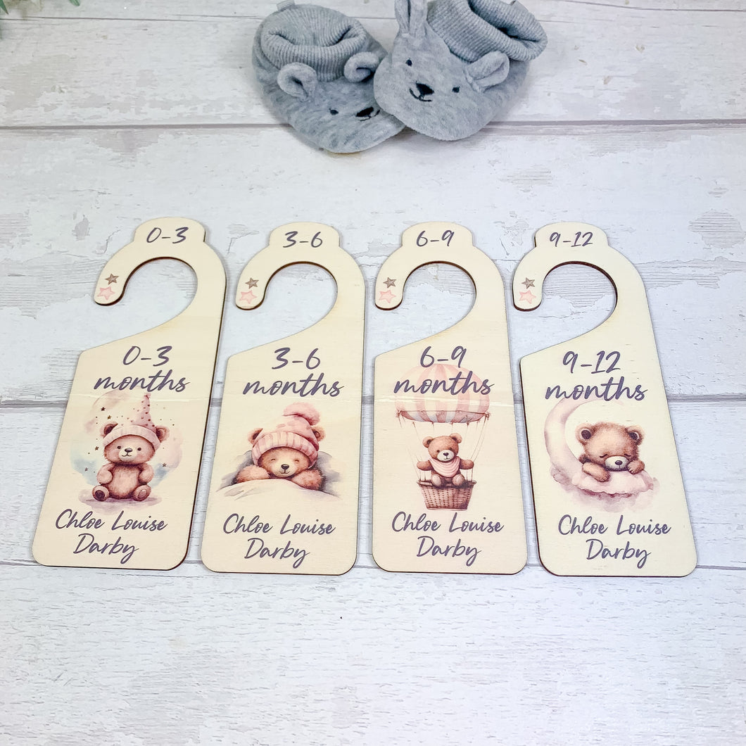 Personalised Wooden Baby Clothes Wardrobe Dividers, Pink Sleepy Teddy