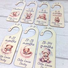 Load image into Gallery viewer, Personalised Wooden Baby Clothes Wardrobe Dividers, Pink Sleepy Teddy
