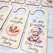 Load image into Gallery viewer, Personalised Wooden Baby Clothes Wardrobe Dividers, Pink Sleepy Teddy
