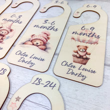 Load image into Gallery viewer, Personalised Wooden Baby Clothes Wardrobe Dividers, Pink Sleepy Teddy
