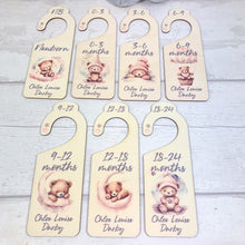 Load image into Gallery viewer, Personalised Wooden Baby Clothes Wardrobe Dividers, Pink Sleepy Teddy
