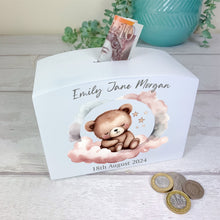 Load image into Gallery viewer, Personalised Luxury Wooden Money Box, Pink Sleepy Teddy Piggy Bank
